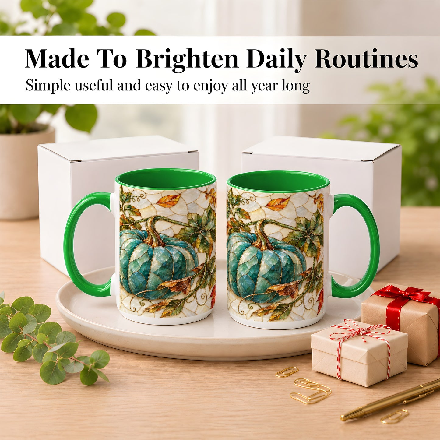 #pl[15oz|Green] Mosaic Teal Pumpkin Coffee Mug, Fall Leaves Mug, Ceramic Cup