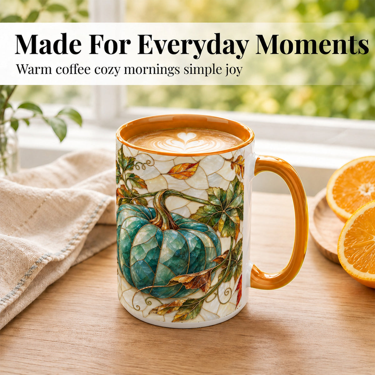 #pl[15oz|Orange] Mosaic Teal Pumpkin Coffee Mug, Fall Leaves Mug, Ceramic Cup