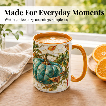#pl[15oz|Orange] Mosaic Teal Pumpkin Coffee Mug, Fall Leaves Mug, Ceramic Cup