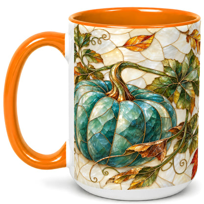 #pl[15oz|Orange] Mosaic Teal Pumpkin Coffee Mug, Fall Leaves Mug, Ceramic Cup