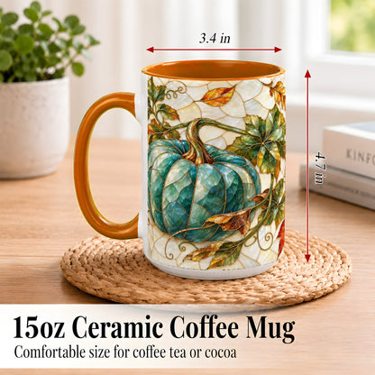 #pl[15oz|Orange] Mosaic Teal Pumpkin Coffee Mug, Fall Leaves Mug, Ceramic Cup