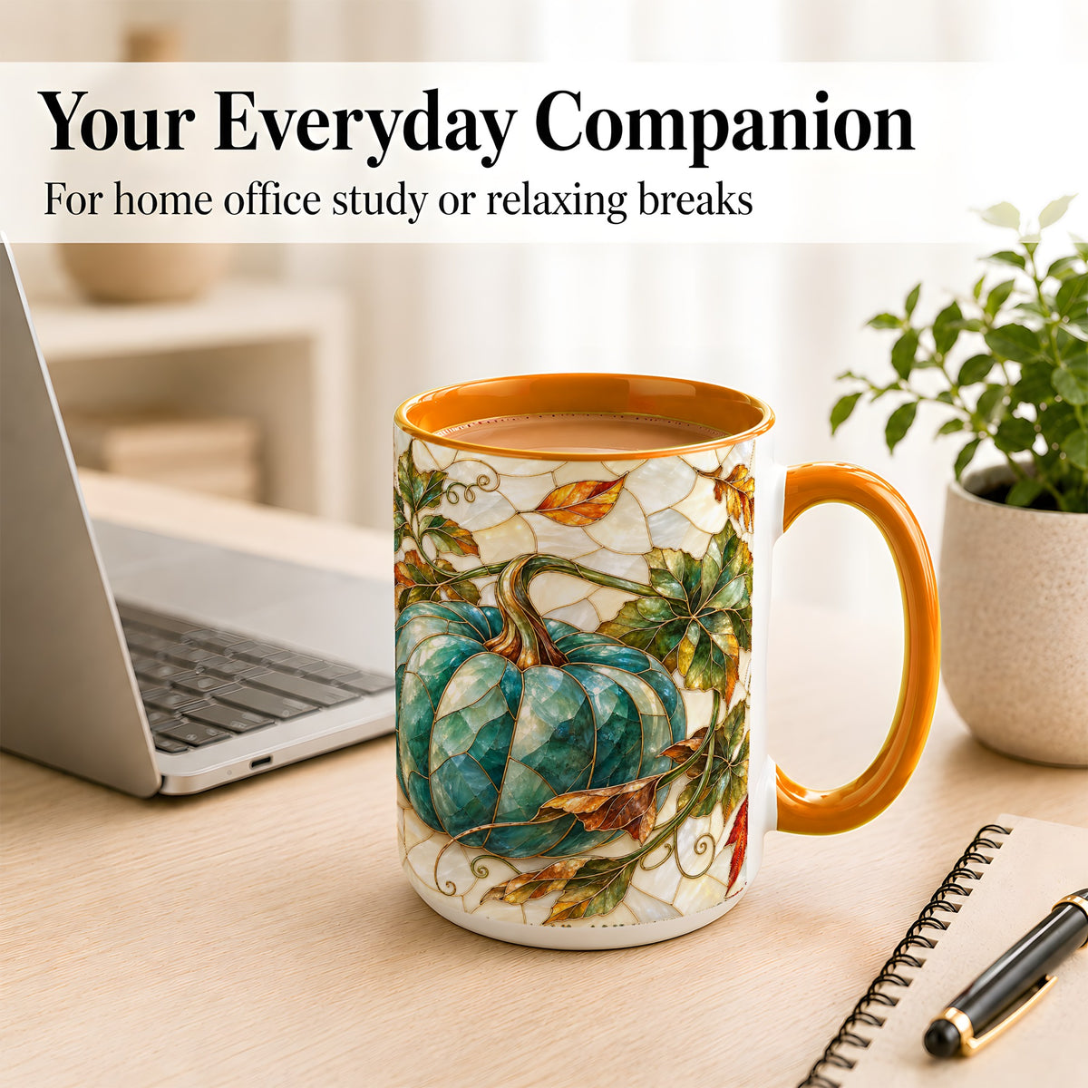 #pl[15oz|Orange] Mosaic Teal Pumpkin Coffee Mug, Fall Leaves Mug, Ceramic Cup