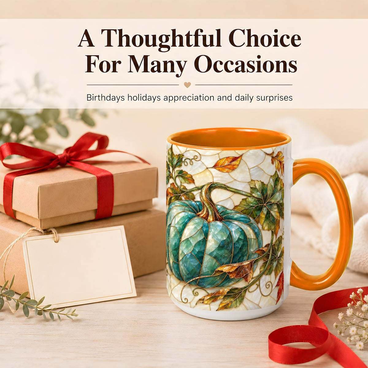 #pl[15oz|Orange] Mosaic Teal Pumpkin Coffee Mug, Fall Leaves Mug, Ceramic Cup