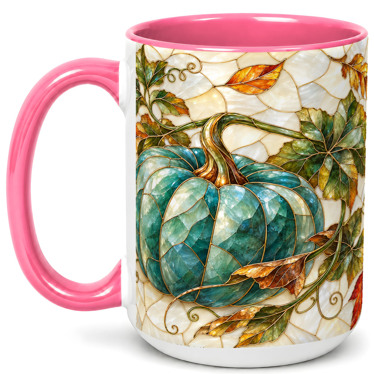 #pl[15oz|Pink] Mosaic Teal Pumpkin Coffee Mug, Fall Leaves Mug, Ceramic Cup