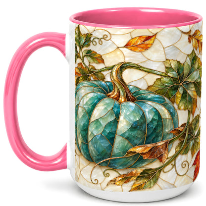 #pl[15oz|Pink] Mosaic Teal Pumpkin Coffee Mug, Fall Leaves Mug, Ceramic Cup