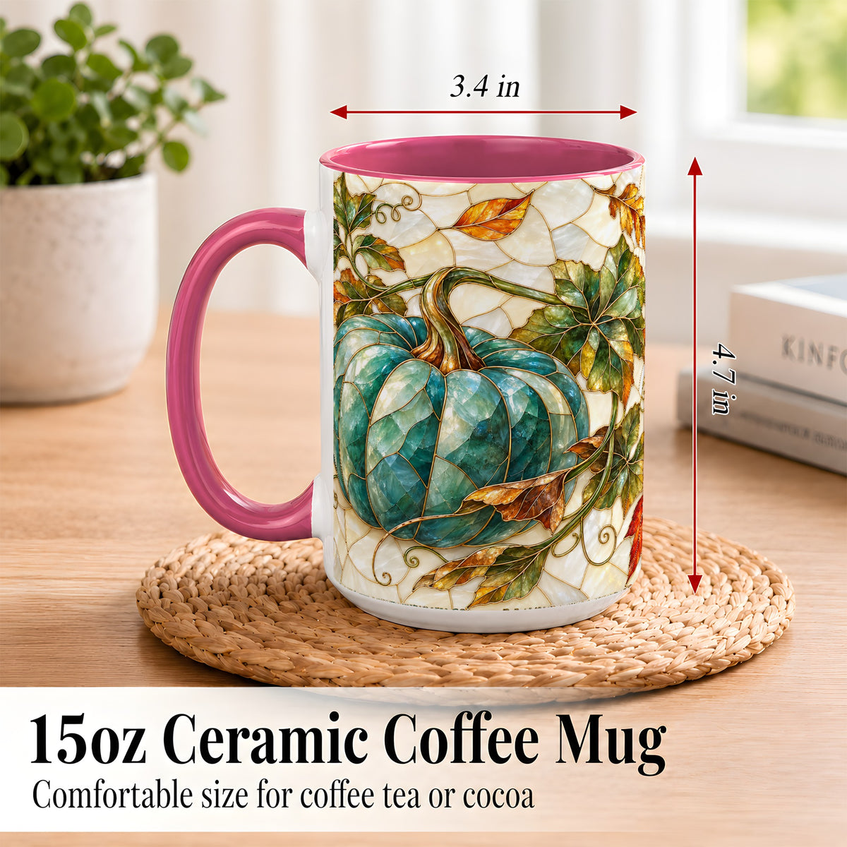 #pl[15oz|Pink] Mosaic Teal Pumpkin Coffee Mug, Fall Leaves Mug, Ceramic Cup