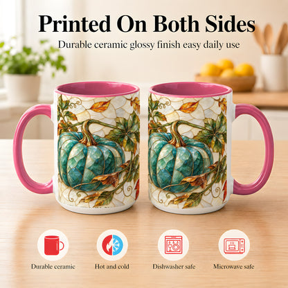 #pl[15oz|Pink] Mosaic Teal Pumpkin Coffee Mug, Fall Leaves Mug, Ceramic Cup