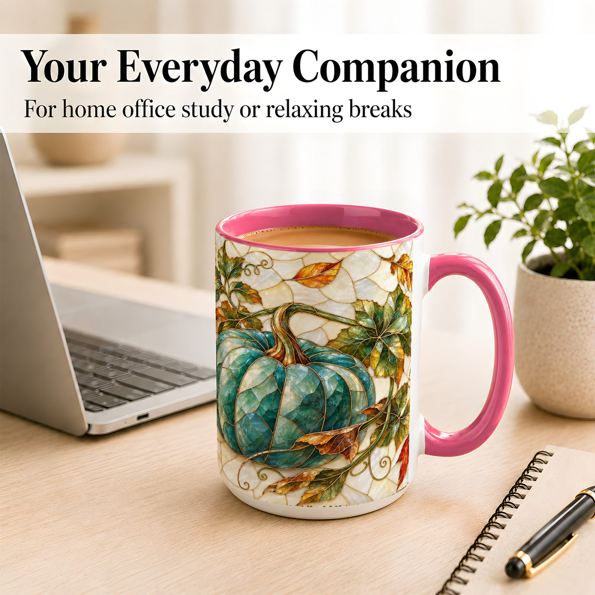#pl[15oz|Pink] Mosaic Teal Pumpkin Coffee Mug, Fall Leaves Mug, Ceramic Cup