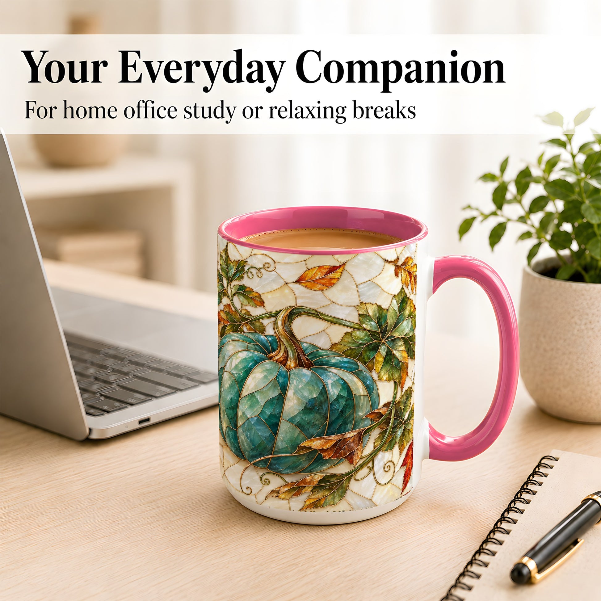 #pl[15oz|Pink] Mosaic Teal Pumpkin Coffee Mug, Fall Leaves Mug, Ceramic Cup