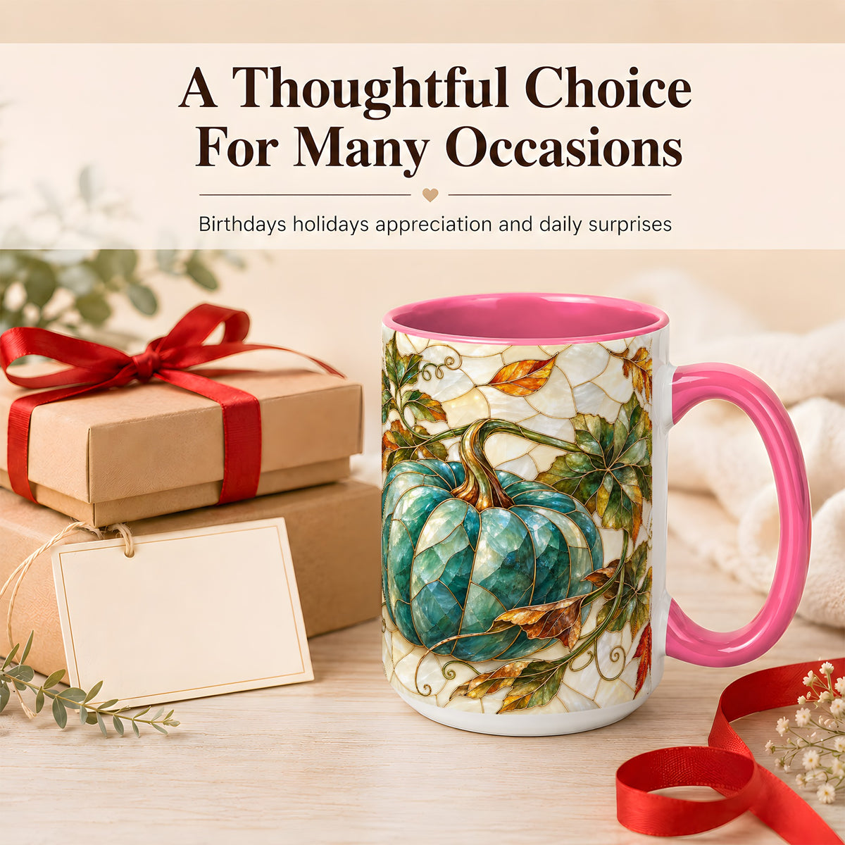 #pl[15oz|Pink] Mosaic Teal Pumpkin Coffee Mug, Fall Leaves Mug, Ceramic Cup