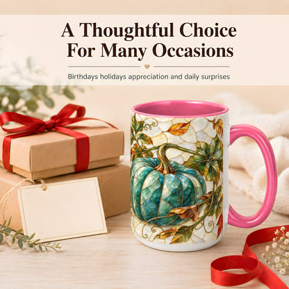 #pl[15oz|Pink] Mosaic Teal Pumpkin Coffee Mug, Fall Leaves Mug, Ceramic Cup