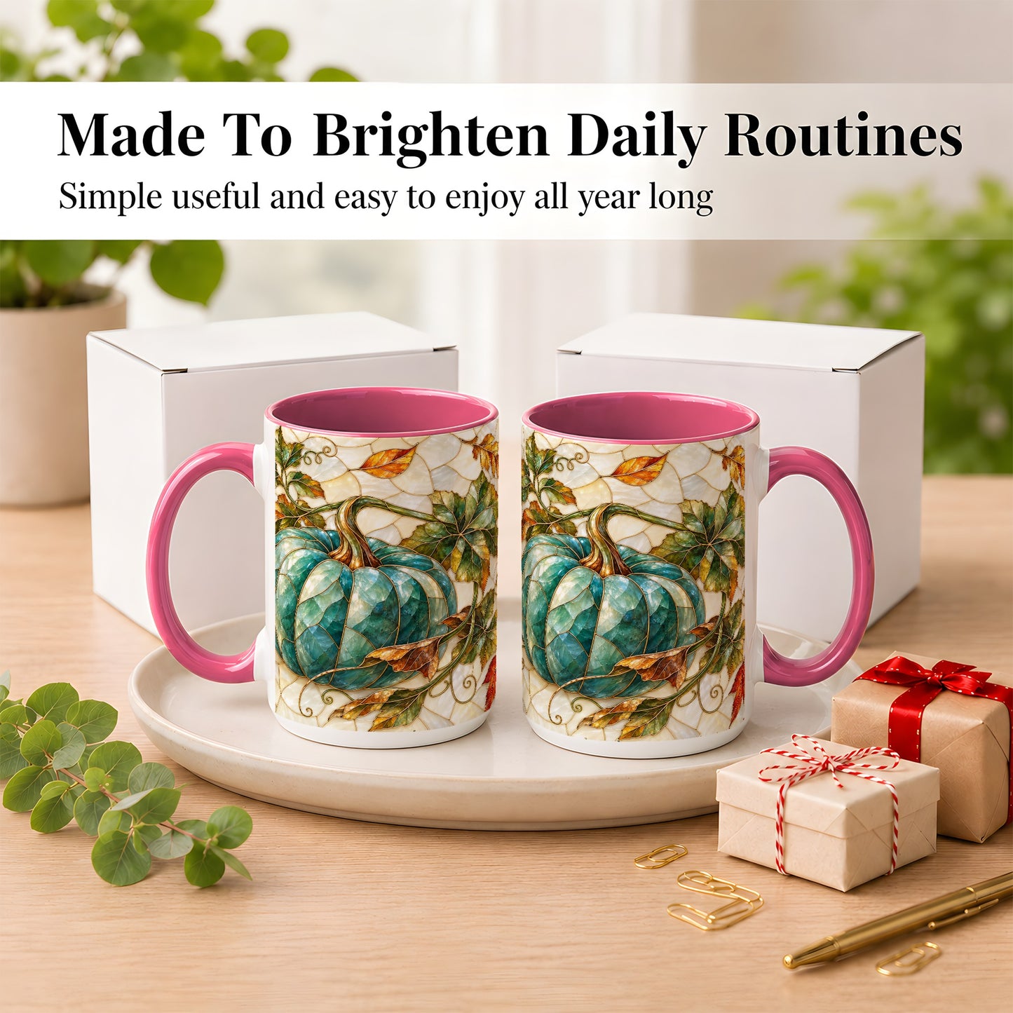 #pl[15oz|Pink] Mosaic Teal Pumpkin Coffee Mug, Fall Leaves Mug, Ceramic Cup