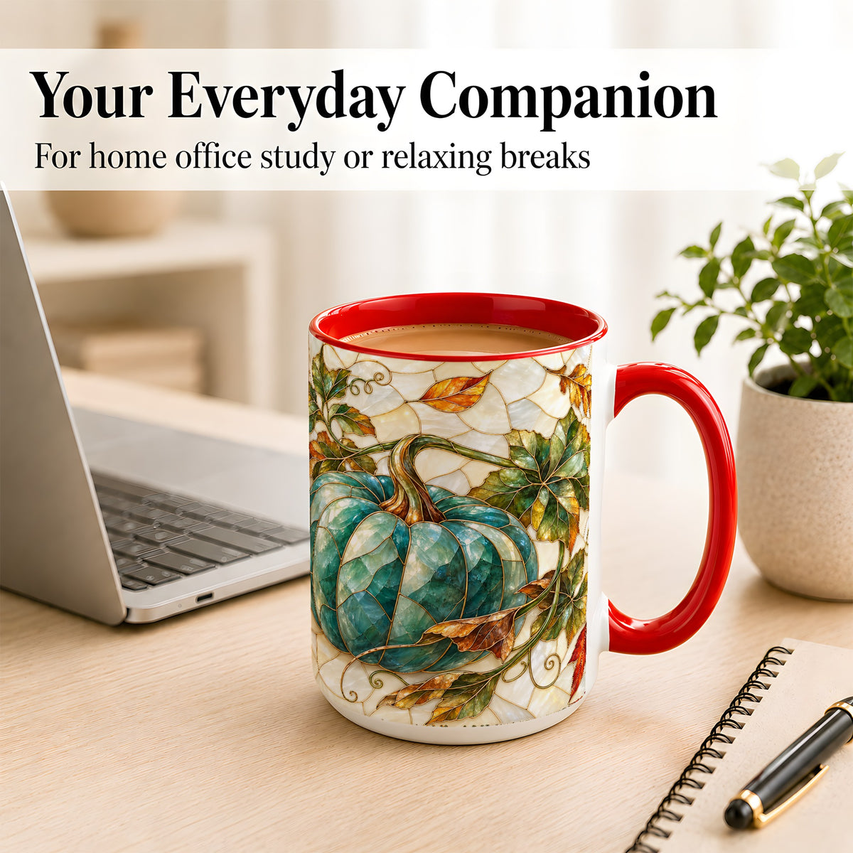 #pl[15oz|Red] Mosaic Teal Pumpkin Coffee Mug, Fall Leaves Mug, Ceramic Cup