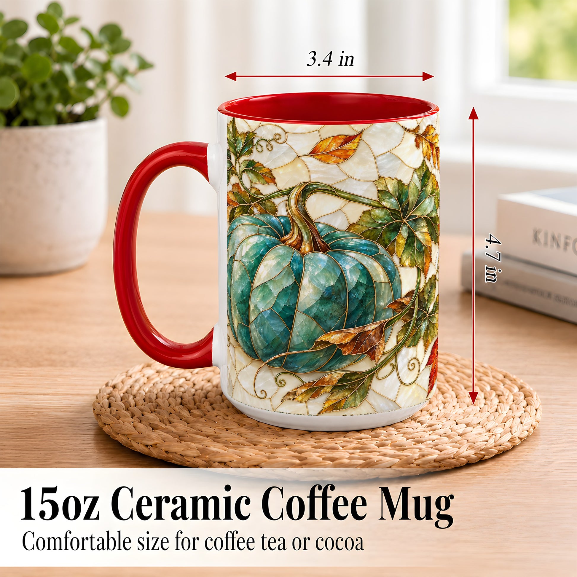 #pl[15oz|Red] Mosaic Teal Pumpkin Coffee Mug, Fall Leaves Mug, Ceramic Cup
