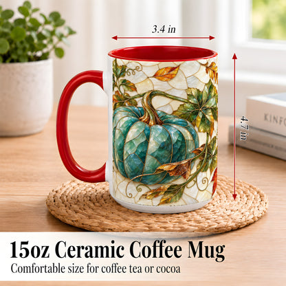 #pl[15oz|Red] Mosaic Teal Pumpkin Coffee Mug, Fall Leaves Mug, Ceramic Cup