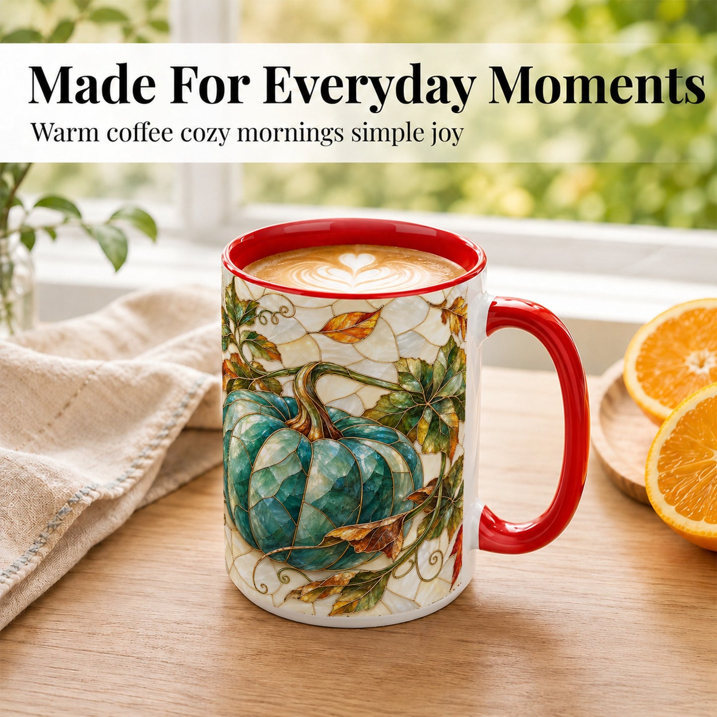 #pl[15oz|Red] Mosaic Teal Pumpkin Coffee Mug, Fall Leaves Mug, Ceramic Cup