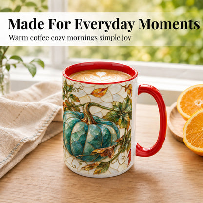 #pl[15oz|Red] Mosaic Teal Pumpkin Coffee Mug, Fall Leaves Mug, Ceramic Cup