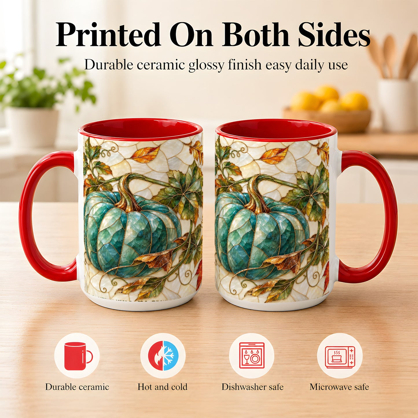#pl[15oz|Red] Mosaic Teal Pumpkin Coffee Mug, Fall Leaves Mug, Ceramic Cup