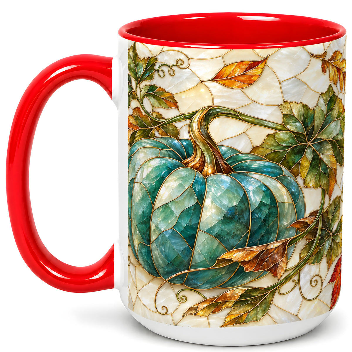 #pl[15oz|Red] Mosaic Teal Pumpkin Coffee Mug, Fall Leaves Mug, Ceramic Cup