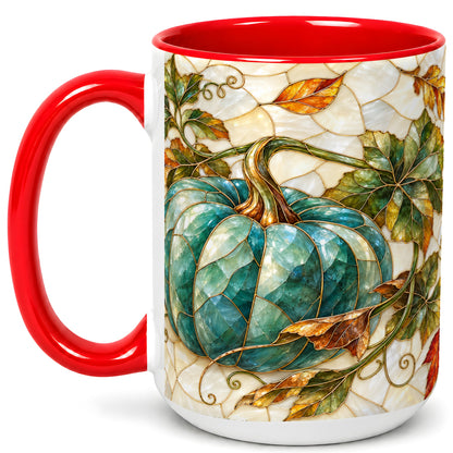 #pl[15oz|Red] Mosaic Teal Pumpkin Coffee Mug, Fall Leaves Mug, Ceramic Cup