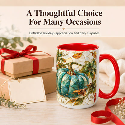 #pl[15oz|Red] Mosaic Teal Pumpkin Coffee Mug, Fall Leaves Mug, Ceramic Cup
