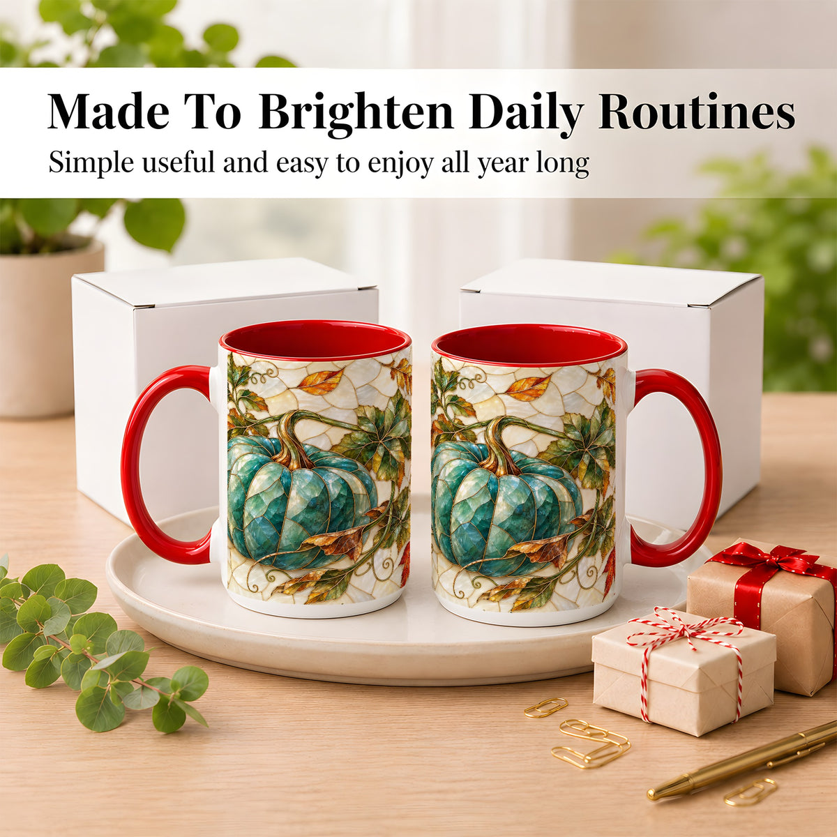 #pl[15oz|Red] Mosaic Teal Pumpkin Coffee Mug, Fall Leaves Mug, Ceramic Cup