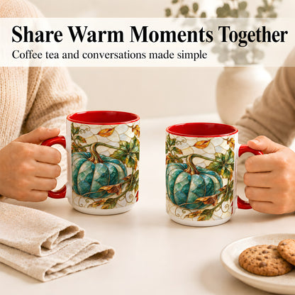 #pl[15oz|Red] Mosaic Teal Pumpkin Coffee Mug, Fall Leaves Mug, Ceramic Cup