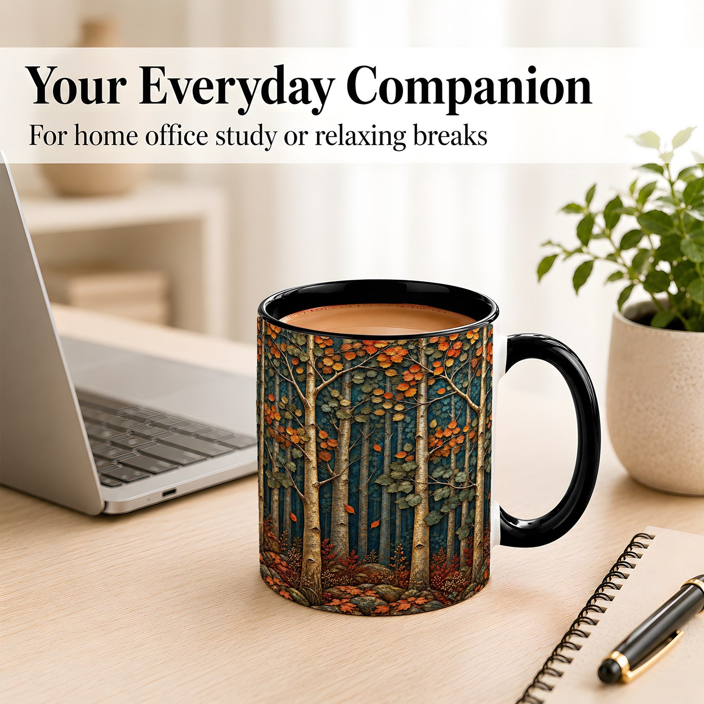 #pl[11oz|Black] Autumn Birch Forest Coffee Mug, Fall Woodland Mug, Ceramic Cup