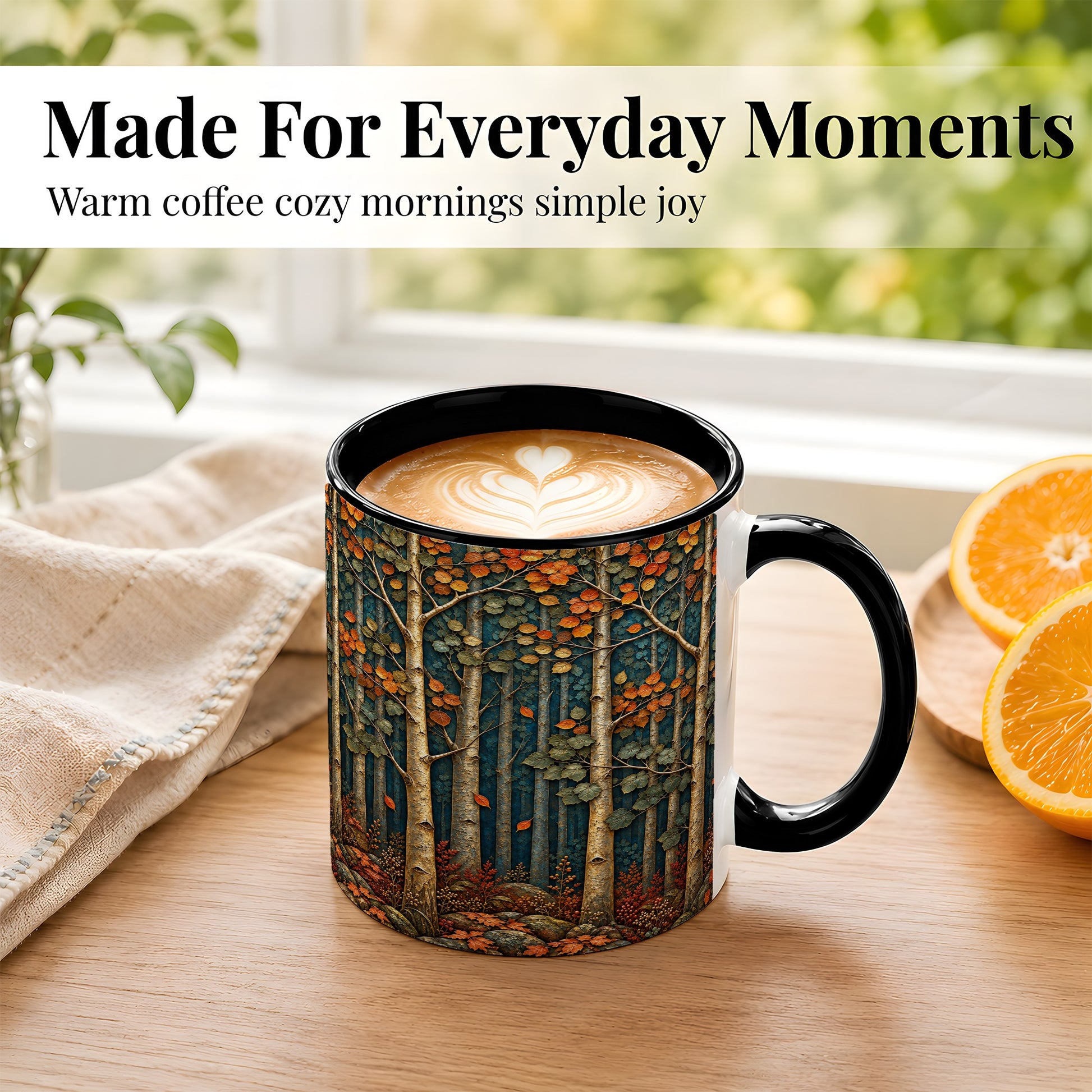 #pl[11oz|Black] Autumn Birch Forest Coffee Mug, Fall Woodland Mug, Ceramic Cup