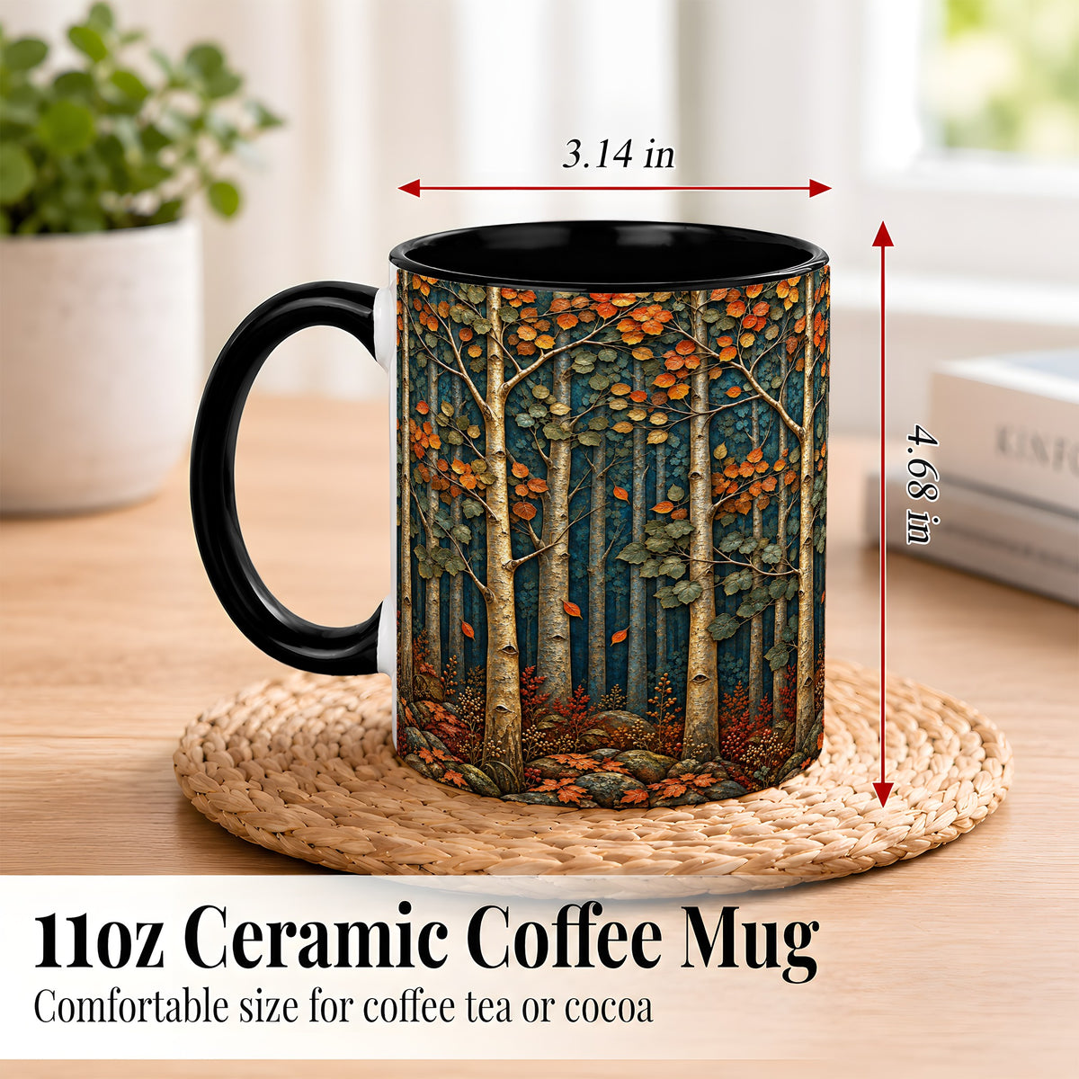 #pl[11oz|Black] Autumn Birch Forest Coffee Mug, Fall Woodland Mug, Ceramic Cup