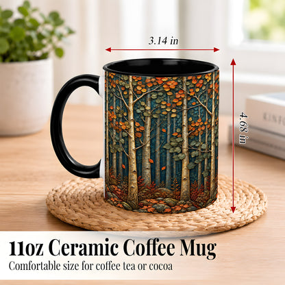 #pl[11oz|Black] Autumn Birch Forest Coffee Mug, Fall Woodland Mug, Ceramic Cup