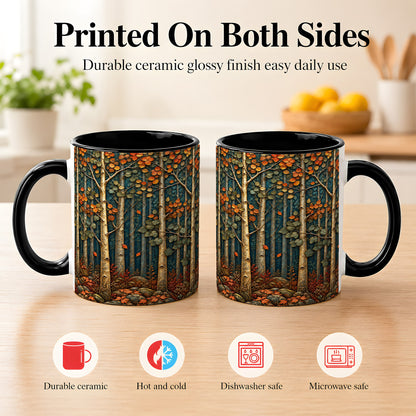 #pl[11oz|Black] Autumn Birch Forest Coffee Mug, Fall Woodland Mug, Ceramic Cup