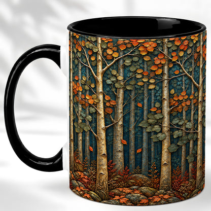 #pl[11oz|Black] Autumn Birch Forest Coffee Mug, Fall Woodland Mug, Ceramic Cup