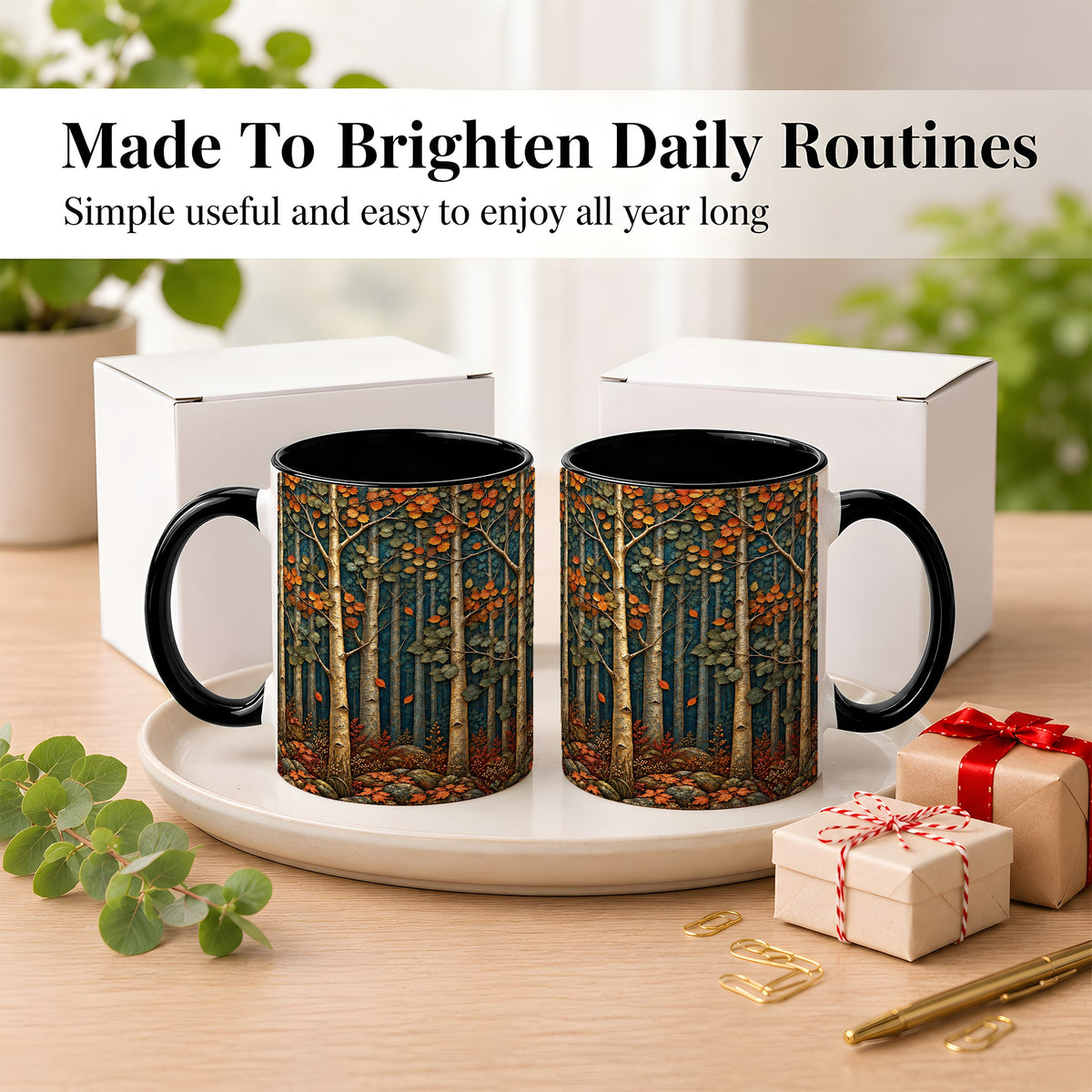 #pl[11oz|Black] Autumn Birch Forest Coffee Mug, Fall Woodland Mug, Ceramic Cup