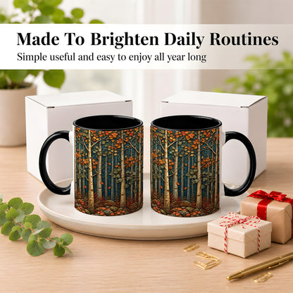 #pl[11oz|Black] Autumn Birch Forest Coffee Mug, Fall Woodland Mug, Ceramic Cup