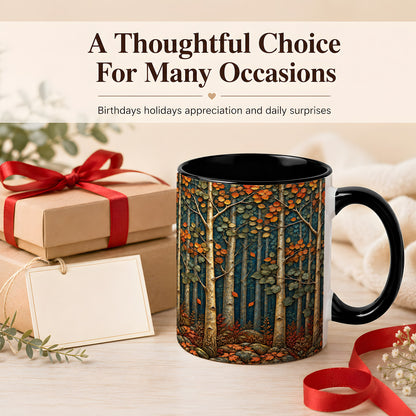 #pl[11oz|Black] Autumn Birch Forest Coffee Mug, Fall Woodland Mug, Ceramic Cup