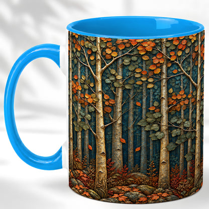 #pl[11oz|Blue] Autumn Birch Forest Coffee Mug, Fall Woodland Mug, Ceramic Cup