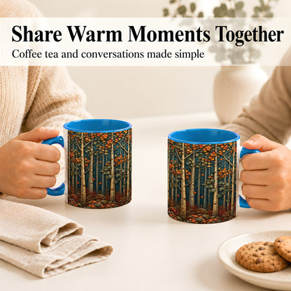 #pl[11oz|Blue] Autumn Birch Forest Coffee Mug, Fall Woodland Mug, Ceramic Cup