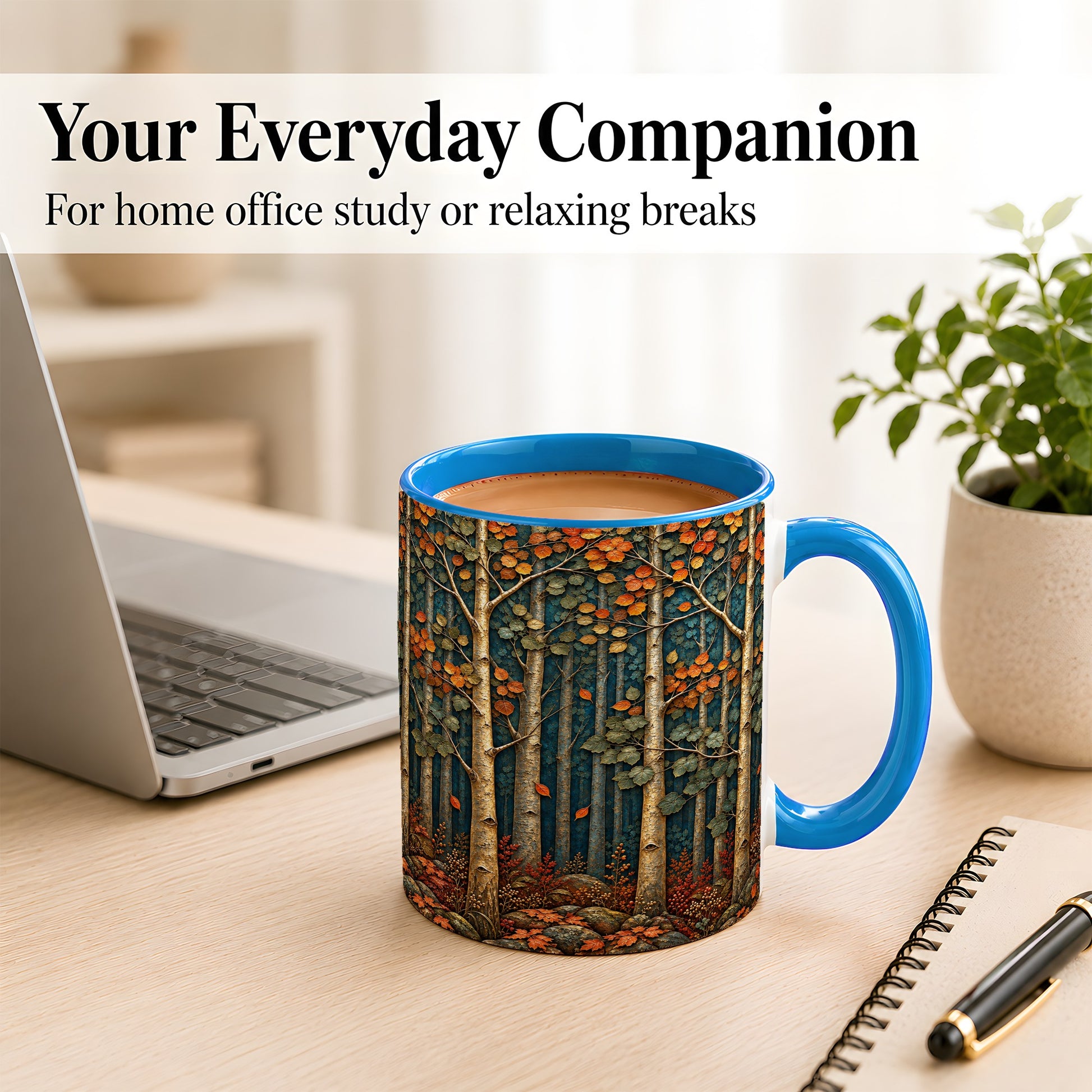 #pl[11oz|Blue] Autumn Birch Forest Coffee Mug, Fall Woodland Mug, Ceramic Cup