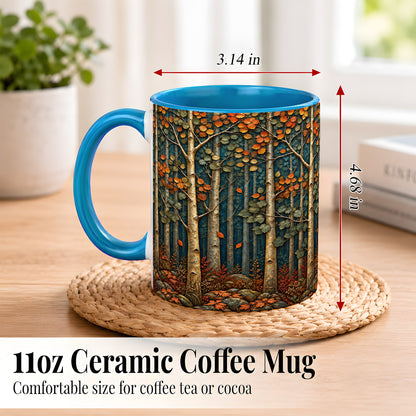 #pl[11oz|Blue] Autumn Birch Forest Coffee Mug, Fall Woodland Mug, Ceramic Cup