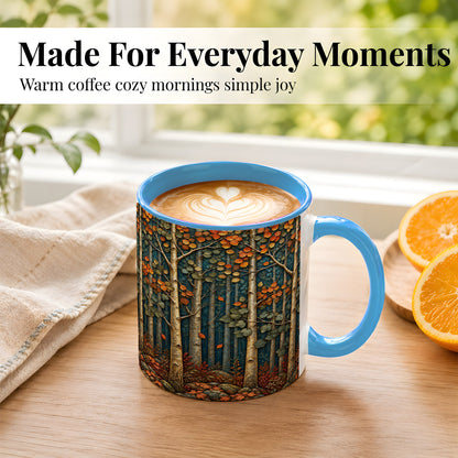#pl[11oz|Blue] Autumn Birch Forest Coffee Mug, Fall Woodland Mug, Ceramic Cup