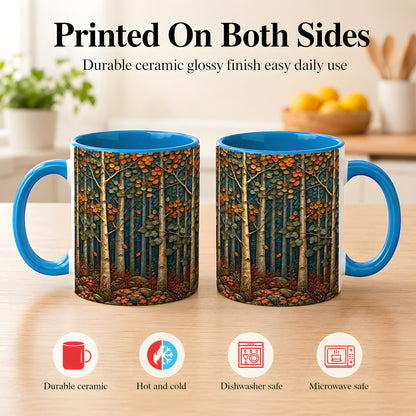 #pl[11oz|Blue] Autumn Birch Forest Coffee Mug, Fall Woodland Mug, Ceramic Cup