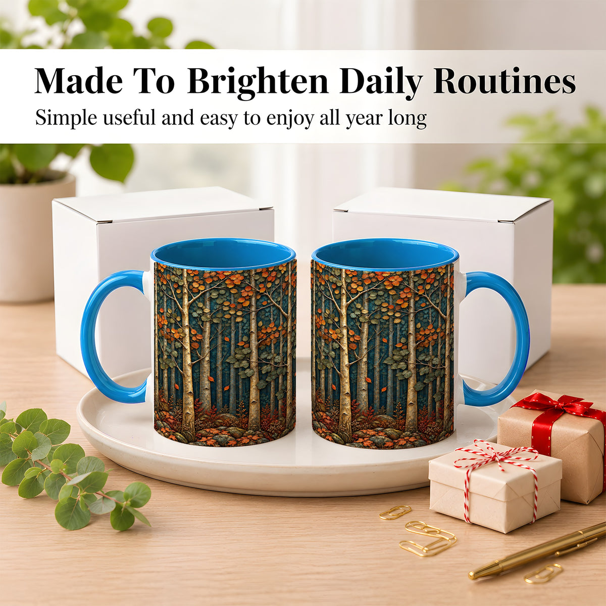 #pl[11oz|Blue] Autumn Birch Forest Coffee Mug, Fall Woodland Mug, Ceramic Cup
