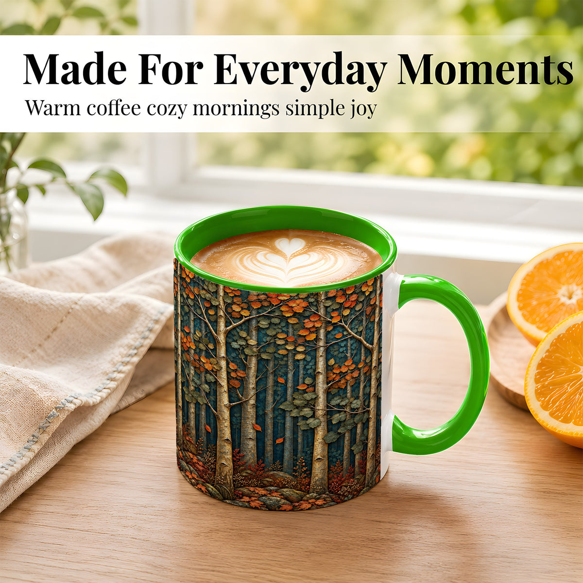 #pl[11oz|Green] Autumn Birch Forest Coffee Mug, Fall Woodland Mug, Ceramic Cup