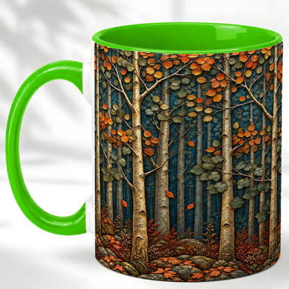#pl[11oz|Green] Autumn Birch Forest Coffee Mug, Fall Woodland Mug, Ceramic Cup