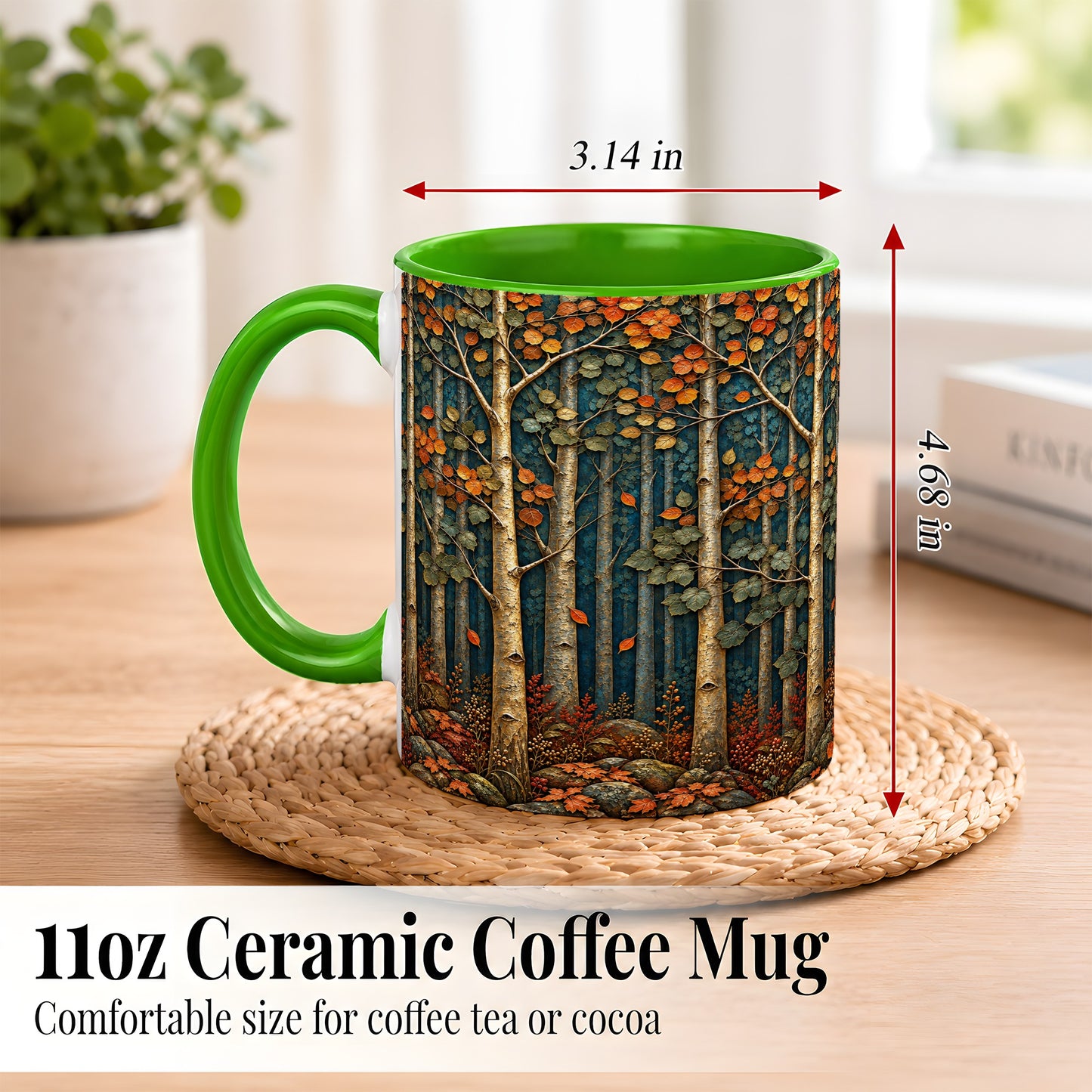 #pl[11oz|Green] Autumn Birch Forest Coffee Mug, Fall Woodland Mug, Ceramic Cup