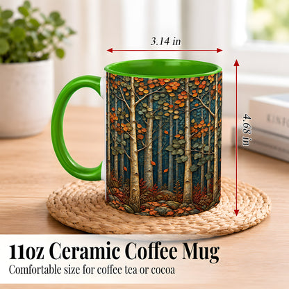 #pl[11oz|Green] Autumn Birch Forest Coffee Mug, Fall Woodland Mug, Ceramic Cup
