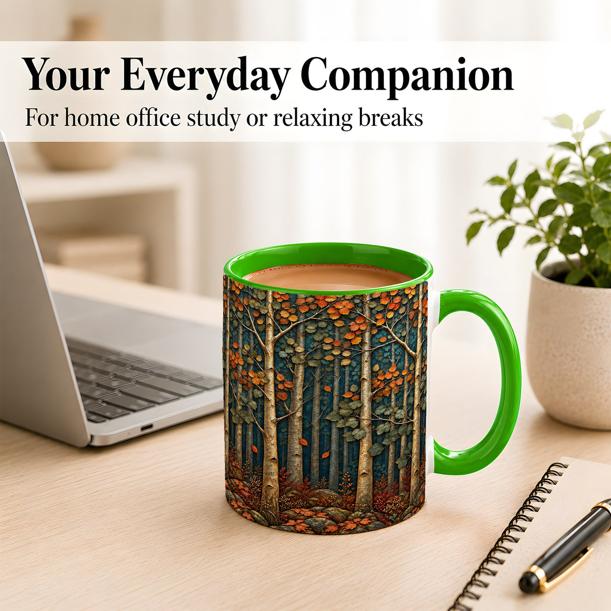 #pl[11oz|Green] Autumn Birch Forest Coffee Mug, Fall Woodland Mug, Ceramic Cup
