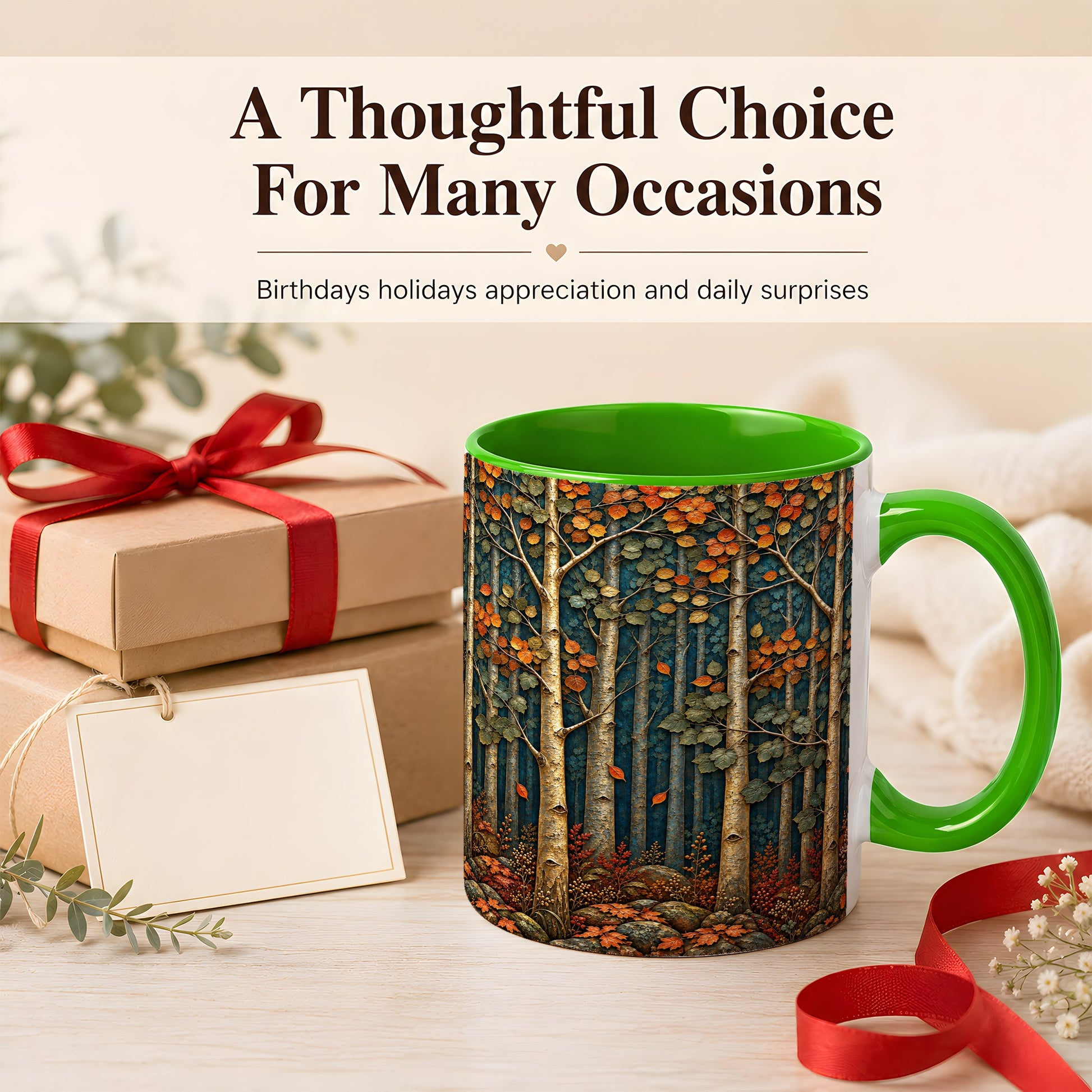 #pl[11oz|Green] Autumn Birch Forest Coffee Mug, Fall Woodland Mug, Ceramic Cup