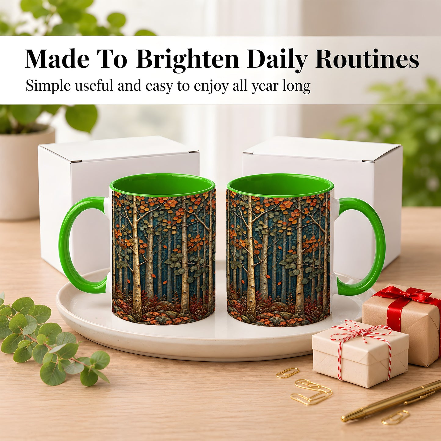 #pl[11oz|Green] Autumn Birch Forest Coffee Mug, Fall Woodland Mug, Ceramic Cup